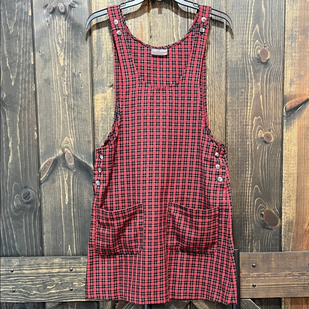 Vintage Tracy Evans Red Plaid Pinafore Jumper Dress M Pockets Buttons Preppy 90s